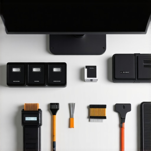 Effective Tech Maintenance Setup Workspace with cleaning tools and diagnostic devices for maintaining laptops and smart gadgets.