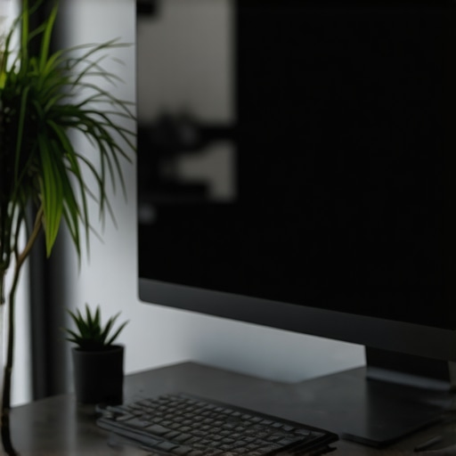Effective glare reduction in a home office A sleek workspace with anti-glare monitor and adjustable lighting for glare reduction
