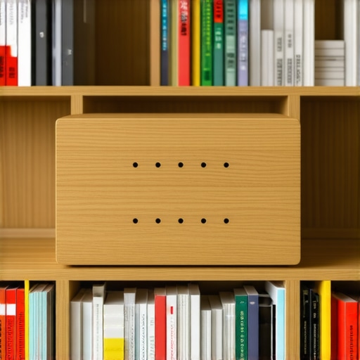 A wooden box with perforations disguises a Wi-Fi router on a bookshelf, blending function with style