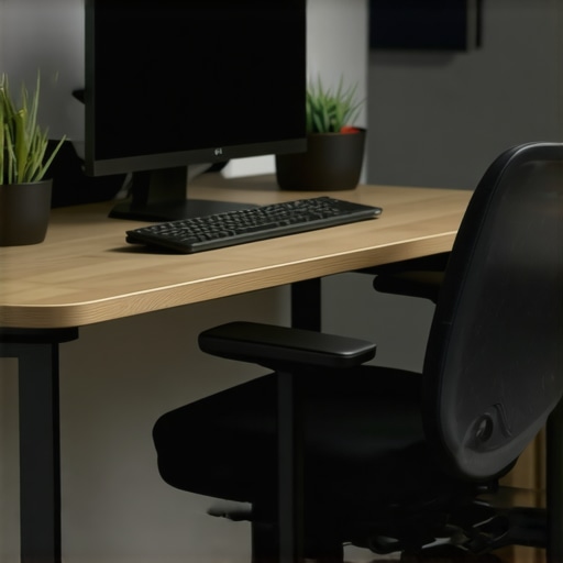 A modern home office featuring an adjustable footrest, ergonomic chair, and desk setup