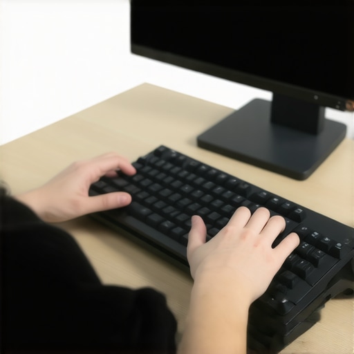 Person adjusting their ergonomic keyboard and monitor for better posture.