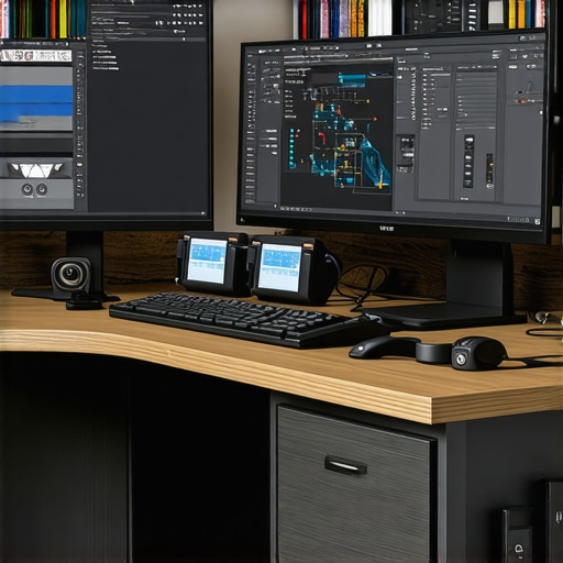Ergonomic and Tech-Integrated Home Office A sleek home office with ergonomic furniture, multiple monitors, smart devices, and wearable tech