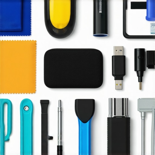 Essential Tools for Tech Maintenance Tools like microfiber cloths, compressed air cans, and cable organizers laid out on a workspace for device upkeep.