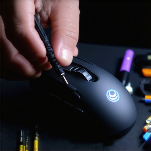 A detailed view of hands repairing a gaming mouse, opening its shell with a screwdriver and cleaning the internal components.