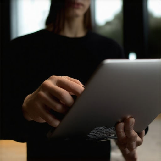 Gentle Laptop Opening Technique Person carefully opening a laptop with both hands to protect the hinge