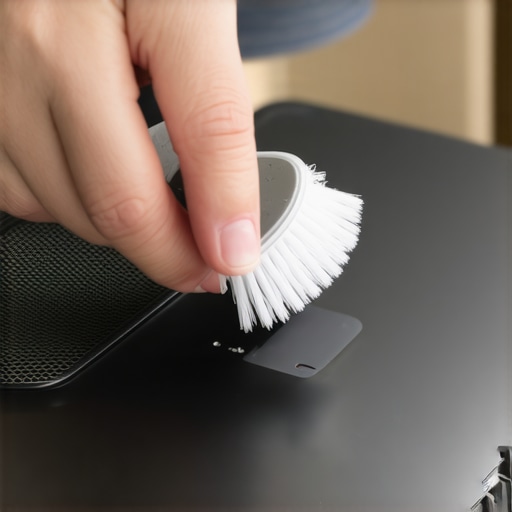 Gentle Laptop Speaker Cleaning Person cleaning laptop speakers with a soft brush in a tidy home office.