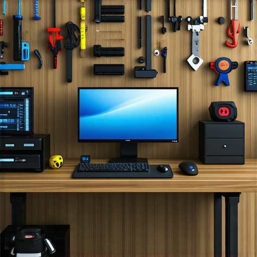 An organized home office desk with cleaning supplies, diagnostic tools, and upgradeable computer parts.
