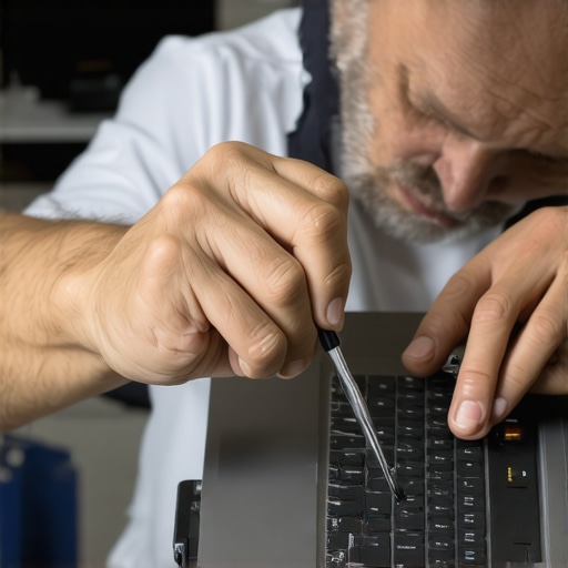 Home Office Tech Maintenance Tools Technician using specialized brushes and tools to clean a laptop in a clean and organized home office