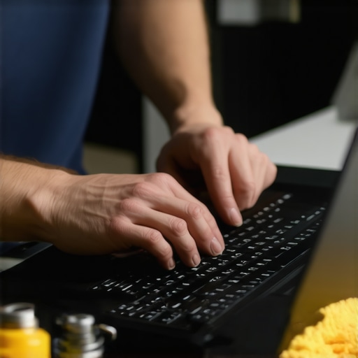 Person cleaning a laptop with compressed air and microfiber cloth in a modern home office.