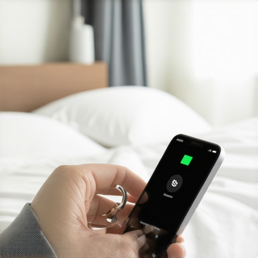 Person positioning a smart ring close to a smartphone in a cozy bedroom to enhance Bluetooth connection.