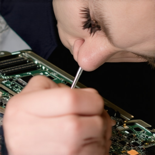 Inspecting Internal Components of a Laptop Person examining laptop internals with screwdriver and light