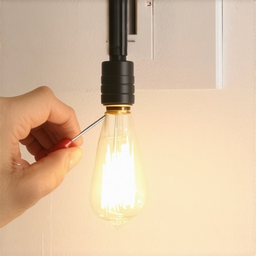 Person checking a light socket for loose wiring with a screwdriver.