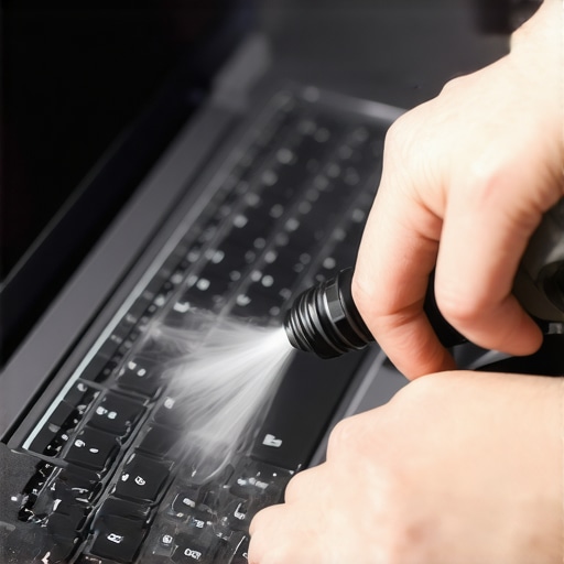 Person cleaning a laptop keyboard with compressed air to remove dust and debris.