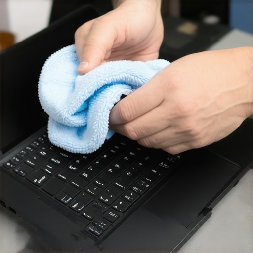 Hands using microfiber cloth and compressed air to clean a high-tech laptop during maintenance.
