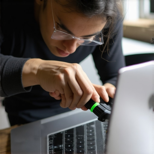 Person cleaning laptop vents using compressed air in a modern home office setting