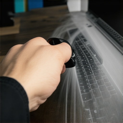Laptop Vent Cleaning in Action Person cleaning laptop vents with compressed air in a tidy workspace.