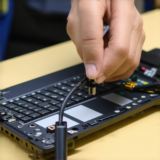 Laptop display cable reseating process Technician adjusting and reseating display cable inside a laptop