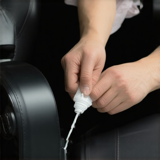 Person lubricating the moving joint of a gaming chair to silence squeak