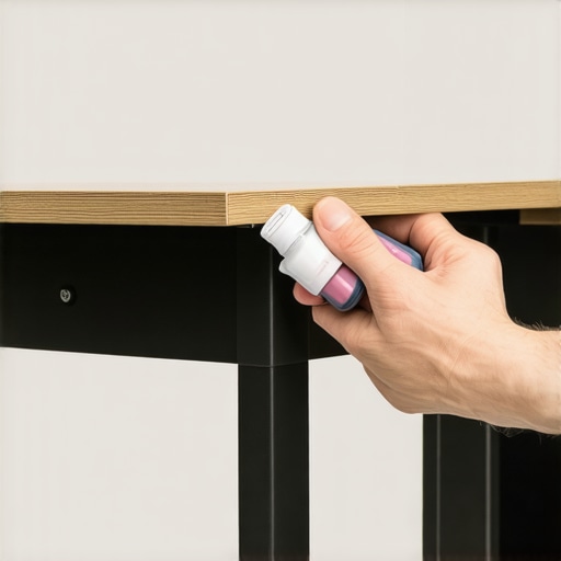 Lubricating a Standing Desk Hinge Person applying silicone lubricant to a squeaky desk hinge for quiet, smooth operation