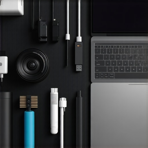 A workspace demonstrating well-maintained tech gadgets with organized cables and cleaning tools.