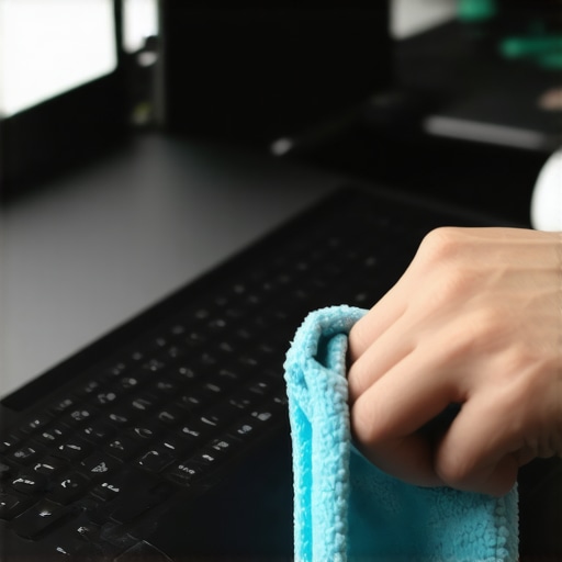 Maintaining Your Home Office Gear for Longevity Person cleaning a laptop with microfiber cloth in a well-organized home office