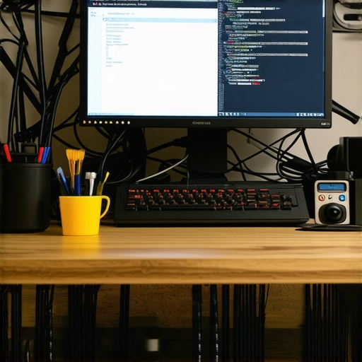 Maintaining Your Home Office Tech Equipment Desk with cleaning tools, computer monitoring software on monitor, and organized cables