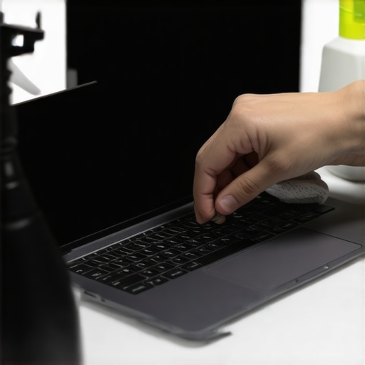 Maintaining Your Laptop Screen Properly Person cleaning a laptop screen with microfiber cloth in a clean, modern home office