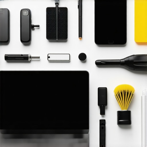 A neatly arranged desk with maintenance tools and a laptop with software updates