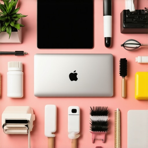A modern home office with a clean desk, cleaning tools, and a laptop, illustrating device upkeep.