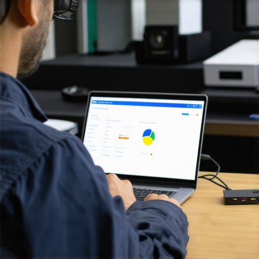 Technician running diagnostic software on a laptop surrounded by smart devices.