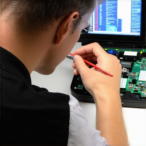 Monitor Repair Diagnostics Technician examining monitor circuitry during repair.