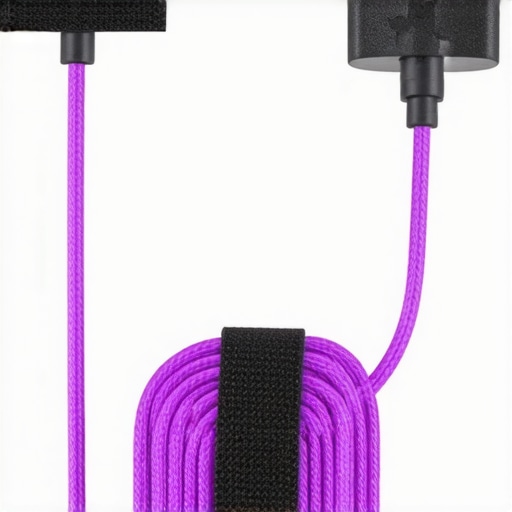 A step-by-step illustration of how to coil and secure a laptop charger cable with a velcro strap for organized tech storage.