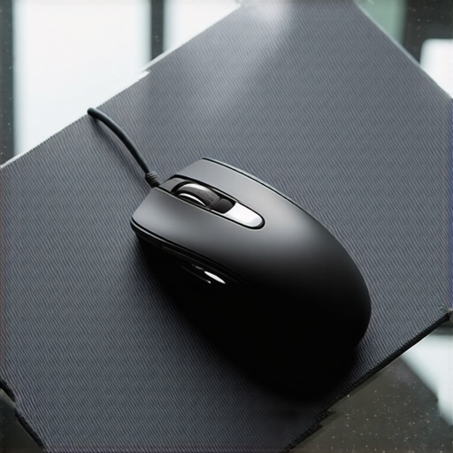 Close-up of a rubber-backed mouse pad on a glass desk with a mouse on top.