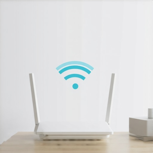 A sleek WiFi router on a high shelf in a cozy, well-lit living room