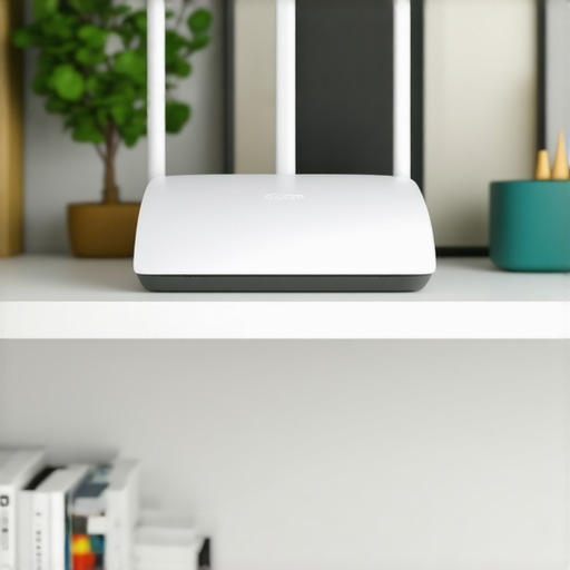 A router positioned on a high shelf in a living room, demonstrating strategic placement for enhanced WiFi coverage.