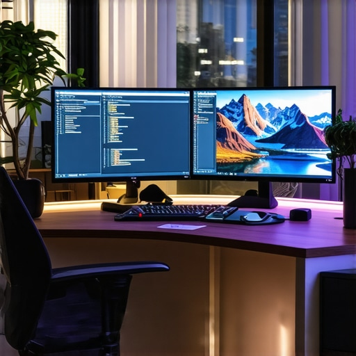 An ideal ergonomic workspace with multiple screens and adjustable lighting.