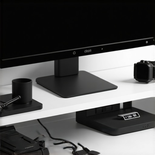 Optimized Home Office Setup with Essential Tech Tools A tidy workspace featuring a cleaning kit, USB-C hub, organized cables, and a smartwatch