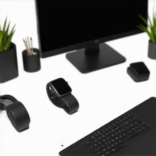 Optimized Home Office Setup with Wearables Person adjusting ergonomic devices in a home office with wearable tech and monitors