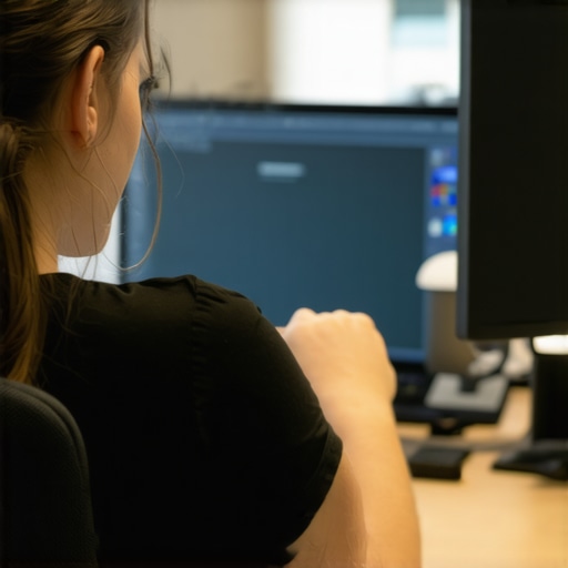 Optimized Home Office Setup Person adjusting a monitor in a well-lit, ergonomic home office environment