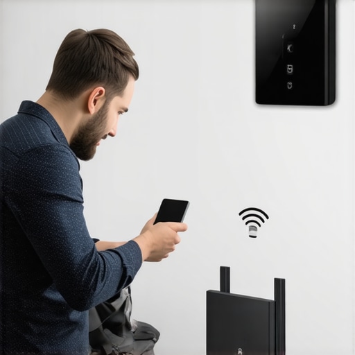 Person repositioning Wi-Fi router on a shelf to improve signal near smart lock.