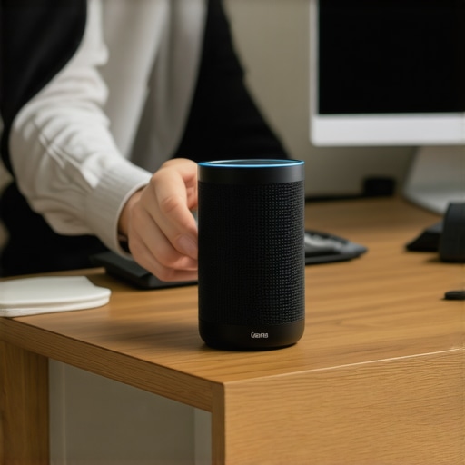 Optimizing Smart Device Placement in Home Office Person arranging a smart speaker on their desk to enhance home office setup.