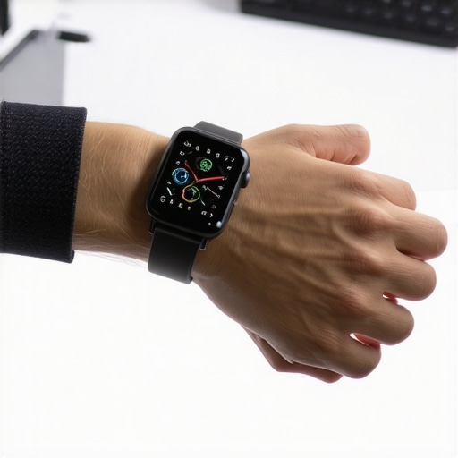 Person calibrating smartwatch in a home office setting