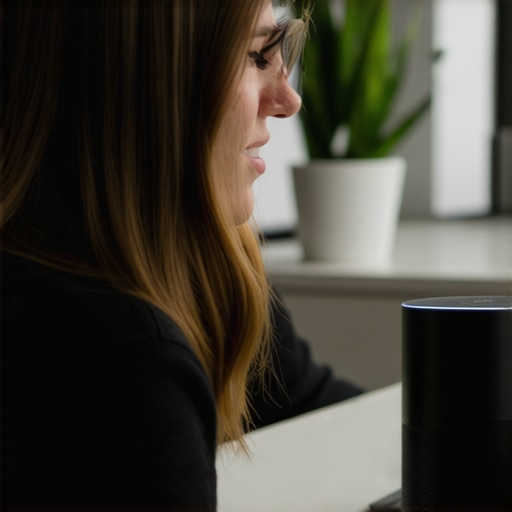 Optimizing Voice Command Environment Person speaking clearly and confidently to a smart speaker in a tidy home office setting.