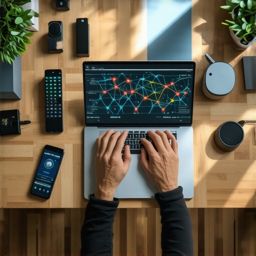 Optimizing Your Home Network for Smart Devices Person analyzing Wi-Fi signals on a laptop among smart home gadgets.