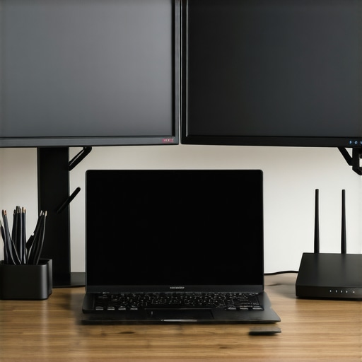 Organized Home Office Setup with Reliable Tech Gear A clean, organized home office featuring a high-performance laptop, dual monitors, and a mesh Wi-Fi router for seamless connectivity.
