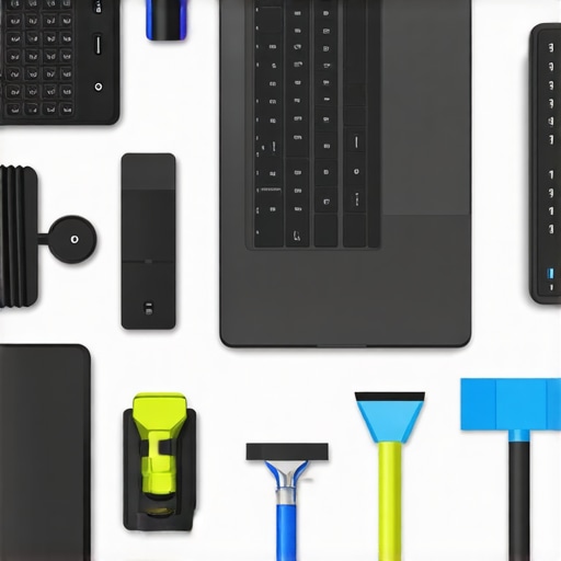 Organized Home Office for Device Maintenance A clean and organized home office workspace with cleaning supplies, external accessories, and a laptop.