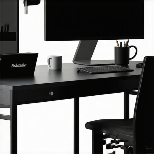 A clean and organized home workspace showing cable clips, adjustable desk lamp, and ergonomic accessories.