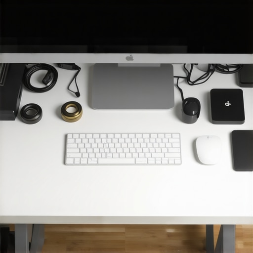 Organized Tech Workspace A tidy home office desk featuring neatly coiled cables and organized tech accessories.