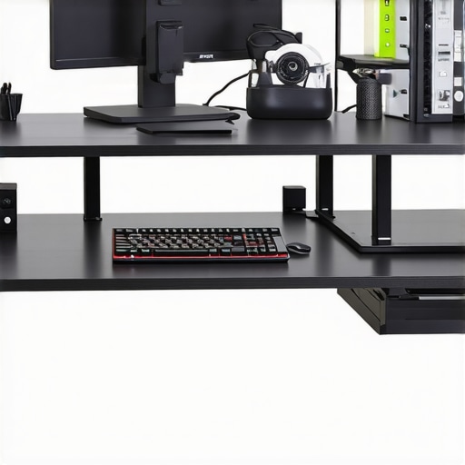 A tidy home office workspace featuring ergonomic keyboard, dual monitors, and organized cables.