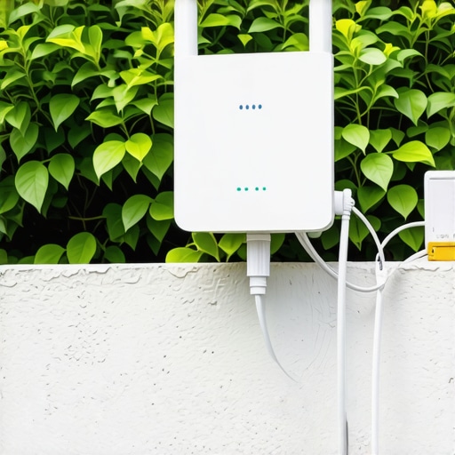 Weatherproof outdoor Wi-Fi extender mounted outdoors with greenery in the background.